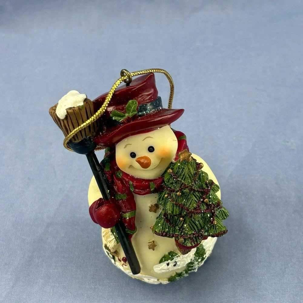 Home Interiors Snowman Ornament 54060 Red Hat Tree Broom Christmas Figurine Vtg